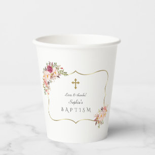 Bevalligende Gouden Frame Blush Roze Bloem Doop Papieren Bekers