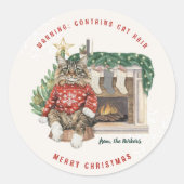 Bevat kattenhaar grappig kerstfeest gepersonalisee ronde sticker (Voorkant)