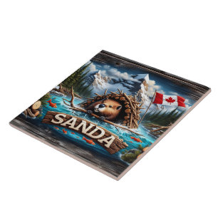 Bever, berg, vlag, blauwe oceaan tegeltje