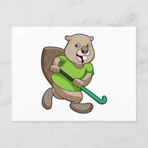 Bever bij hockey met hockeystick briefkaart