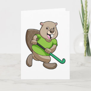 Bever bij hockey met hockeystick kaart