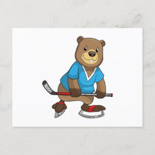 Bever bij ijshockey met ijshockeystick briefkaart