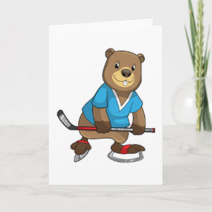 Bever bij ijshockey met ijshockeystick kaart
