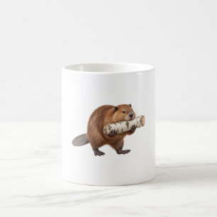 Bever die een berkenstam draagt koffiemok