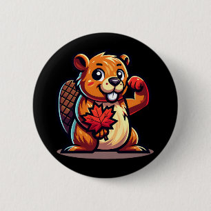 Bever met een esdoornblad en ellebogen omhoog Cana Ronde Button 5,7 Cm