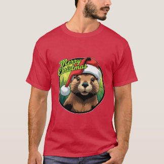 Bever met een klassieke rode en witte kerstmanhoed t-shirt