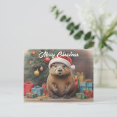 Bever met kerstmuts met kerstmuts cadeaus briefkaart (Staand voorkant)