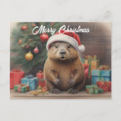 Bever met kerstmuts met kerstmuts cadeaus briefkaart (Voorkant)