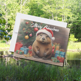 Bever met kerstmuts met kerstmuts cadeaus briefkaart