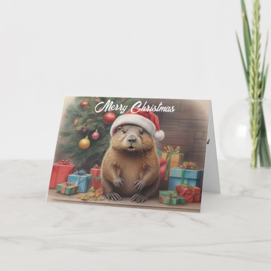 Bever met kerstmuts met kerstmuts cadeaus kaart (Voorkant)