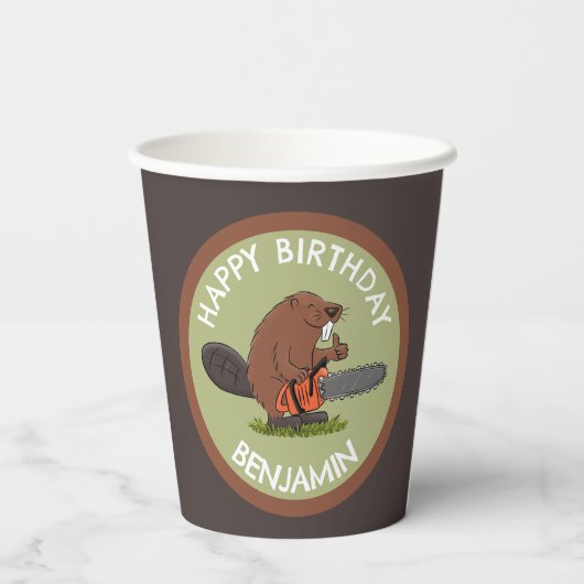 Bever met kettingzaag grappige gepersonaliseerde v papieren bekers (Achterkant)