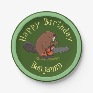 Bever met kettingzaag grappige gepersonaliseerde v papieren bordje