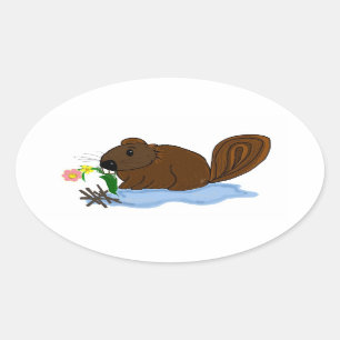 Bever met Stokken en Bloemen Ovale Sticker