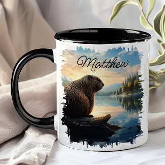 Bever Op Boomstronk Sunrise Wilderness Mok