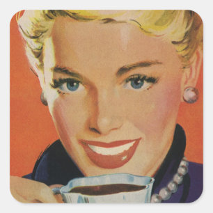  Beverages, Happy Woman met Coffee Vierkante Sticker
