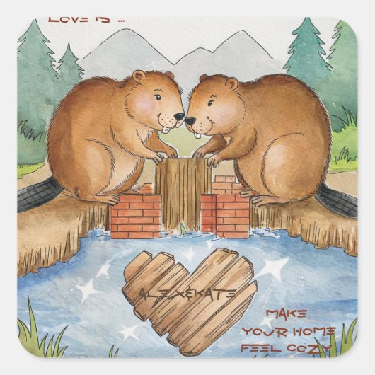 Bevers in de liefde vierkante sticker (Voorkant)