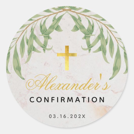 Bevestiging Blad Marmeren Script Faux Gold Cross Ronde Sticker (Voorkant)