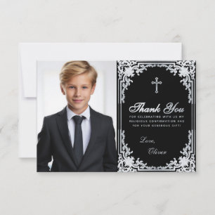 Bevestiging Boy Foto Zwart Elegant  Cross Bedankkaart