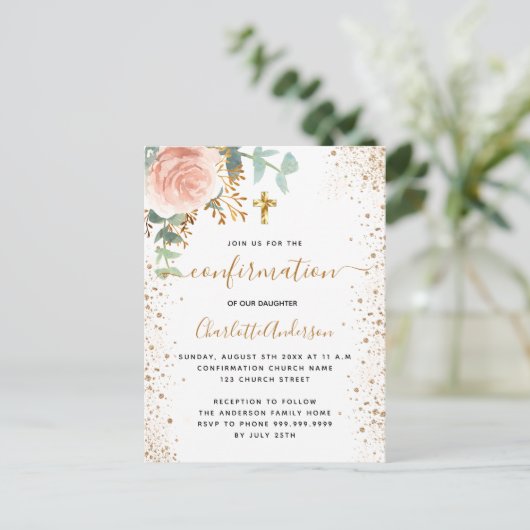 Bevestiging eucalyptus bleekroze meisje met roze b uitnodiging briefkaart (Staand voorkant)