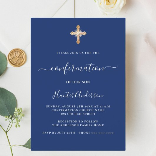 Bevestiging marine blauw wit jongen goud cross lux kaart