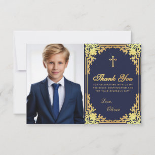 Bevestiging Navy Blauwe Nep Goud Vintage Jongen Fo Bedankkaart