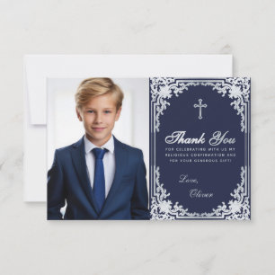 Bevestiging Navyblauw Zilver Vintage Jongen Foto Bedankkaart