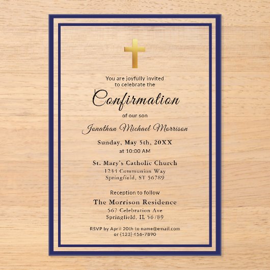 Bevestiging Royal Blue White Minimalist Boy Acryl Uitnodigingen (Voorkant)