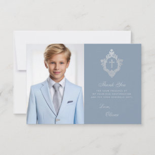 Bevestiging Stof Blauw Jongens Foto Zilveren Kuif Bedankkaart