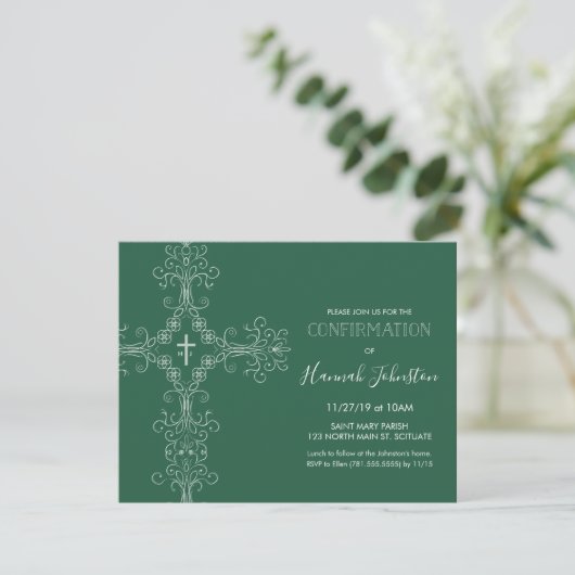 Bevestiging uitnodiging, kruis, monogram; jongen o kaart (Staand voorkant)
