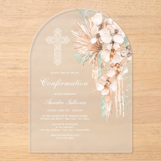 Bevestiging van beige en munt boeket acryl uitnodigingen (Voorkant)