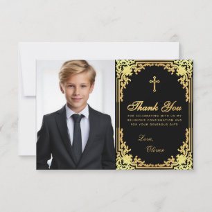 Bevestiging Vintage Zwart Nep Goud Jongen Foto Bedankkaart