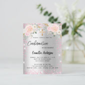 Bevestiging zilverroze floralen meisje sparkles uitnodiging briefkaart (Staand voorkant)