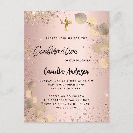 Bevestiging: zwarte eucalyptusgoud glitter uitnodiging briefkaart (Voorkant)