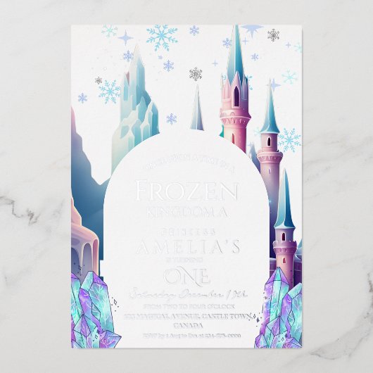 Bevroren 1e Verjaardag Cartoon Kasteel Folie Uitnodiging (Voorkant)