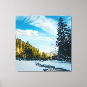 bevroren bergrivier tussen het bos in de winter canvas afdruk