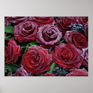 Bevroren donkerrode rozen op een graf poster