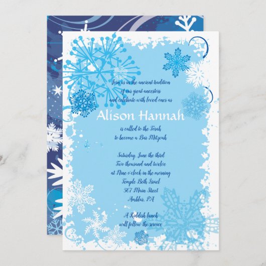 Bevroren sneeuwvlokken Bar Bat Mitswa Uitnodiging (Voorkant / Achterkant)