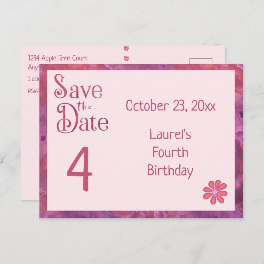 Bewaar de datum 4e verjaardag voor een meisje aankondigingskaart (Voorkant / Achterkant)