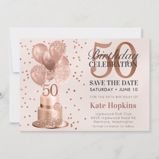 Bewaar de datum 50e verjaardag Roos gouden taart Save The Date (Voorkant)