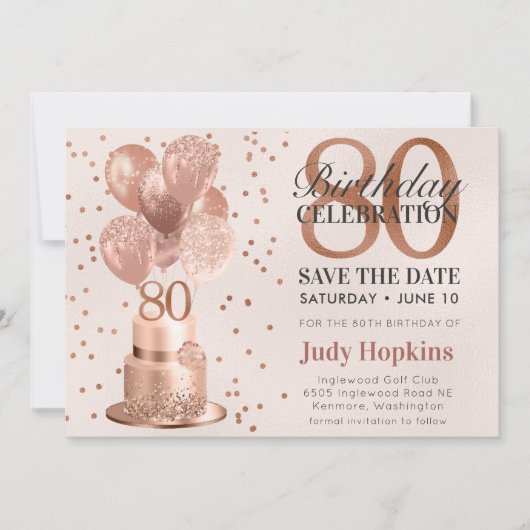 Bewaar de datum 80e verjaardag Roos gouden taart Save The Date (Voorkant)
