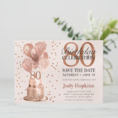 Bewaar de datum 80e verjaardag Roos gouden taart Save The Date (Staand voorkant)