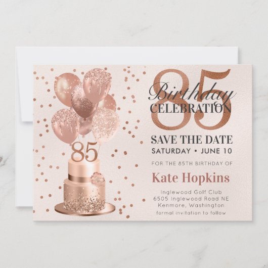 Bewaar de datum 85e verjaardag Roos gouden taart Save The Date (Voorkant)