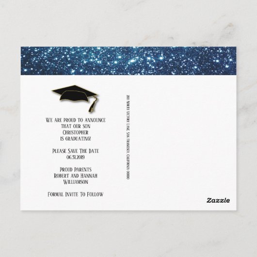 Bewaar de datum Afstuderen Gold Blue Afstudeerder  Briefkaart (Achterkant)