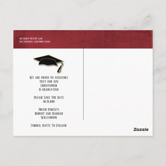 Bewaar de datum Afstuderen Modern Red Gold Briefkaart (Achterkant)