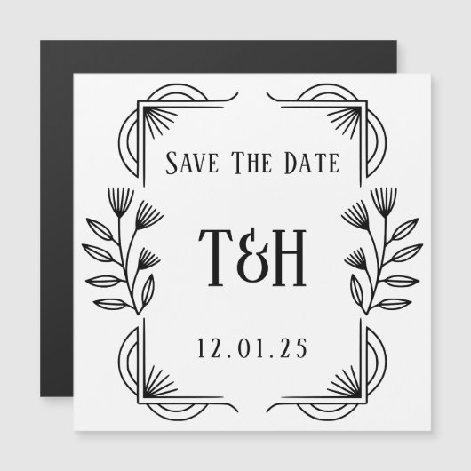 Bewaar de datum - Art Deco Botanical Monogram Magnetische Uitnodiging (Voorkant / Achterkant)
