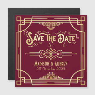 Bewaar de datum Art Deco Gatsby Gold Bourgogne Magnetische Uitnodiging