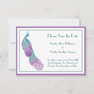 Bewaar de datum Art Deco Pauw in Paars en Turquois Save The Date