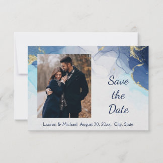 Bewaar de datum blauw goud aquarel Trouwen Kaart