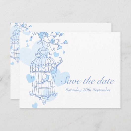 Bewaar de datum blauw witte vogel kooi kaart (Voorkant / Achterkant)