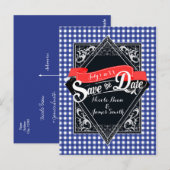 Bewaar de datum blauwe geruite engagement briefkaart (Voorkant / Achterkant)